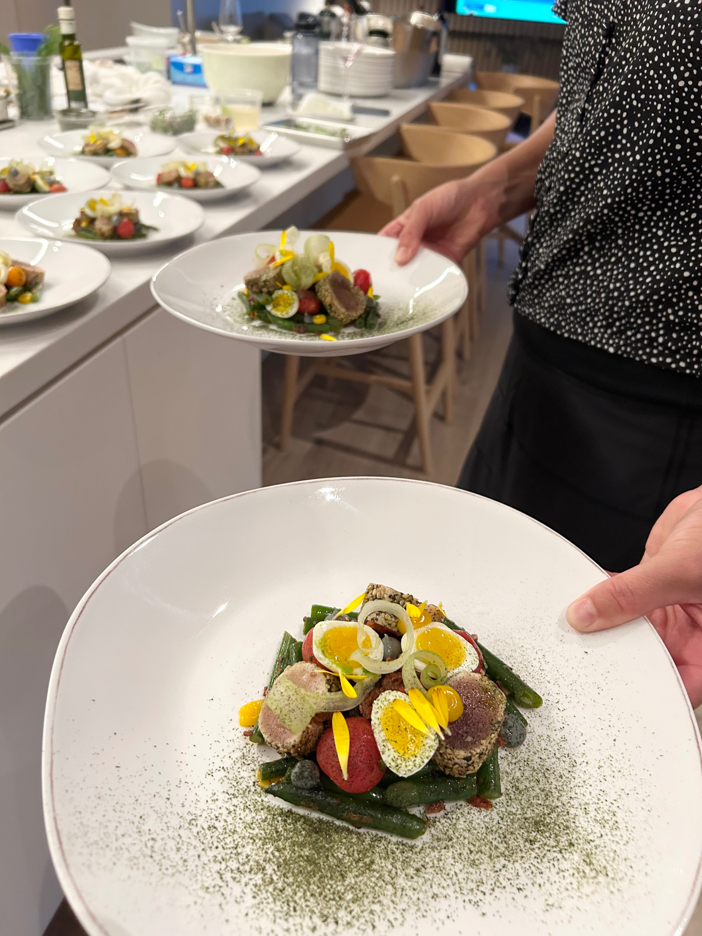 Seared albacore tuna niçoise with soft egg, olives and seasonal vegetables