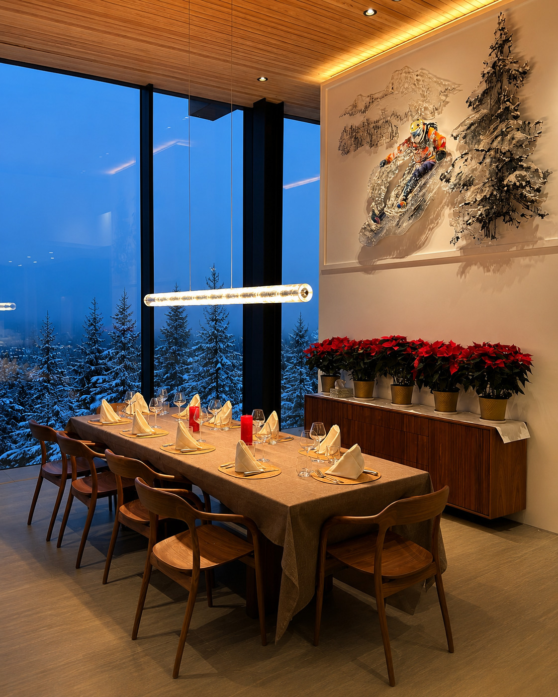 Private chef dining table set in a luxury Whistler chalet with snowy forest views through floor-to-ceiling windows